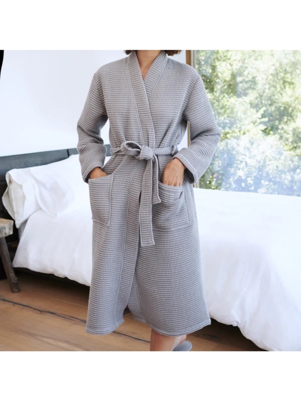 Quince 100% Organic Turkish Cotton Gray Waffle Knit Robe XS